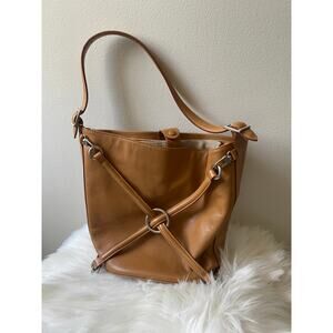 Vintage Barneys New York Carmel Brown Criss Cross Accent Bucket Shoulder Bag